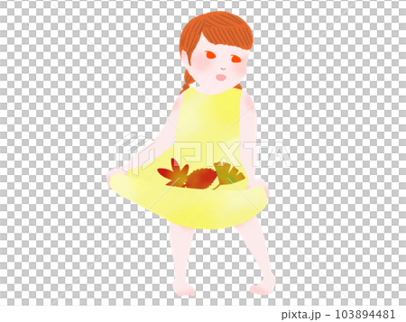 紅葉の落ち葉を集めている黄色いワンピースを着た裸足の女の子 紅葉の落ち葉を集めている黄色いワンピースを着た裸足の女の子 103894481