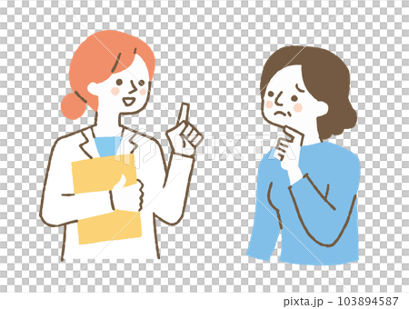 Elderly woman listening to a female doctor's explanation_color 103894587