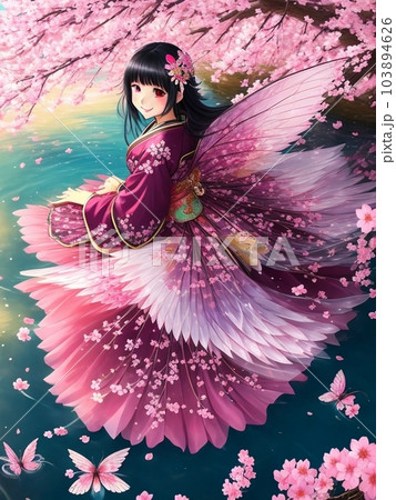 Cherry blossom fairy standing by the water - Stock Illustration