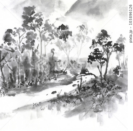 水墨画 風景 川の木 樹木と川の風景 遠山ありのイラスト素材 103896126 -