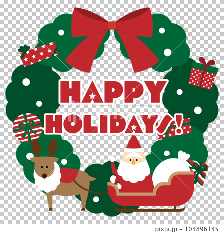 ソリに乗ったサンタクロースとトナカイ×クリスマスリース／HAPPY HOLIDAYS 103896135