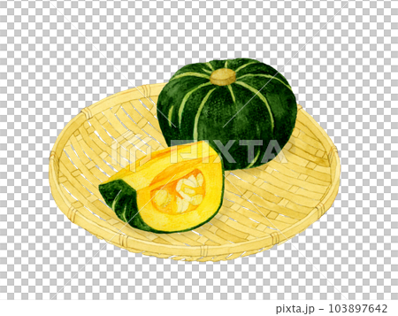 Western pumpkin on a bamboo strainer Hand-drawn watercolor illustration material of summer vegetables 103897642