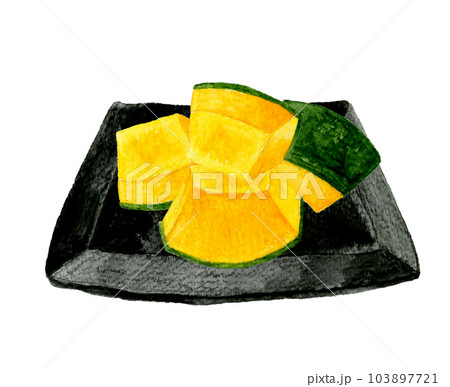 黒いお皿に乗ったかぼちゃ（かぼちゃの煮物）　夏野菜の手描き水彩イラスト素材 103897721