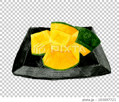 黒いお皿に乗ったかぼちゃ（かぼちゃの煮物）　夏野菜の手描き水彩イラスト素材 103897721