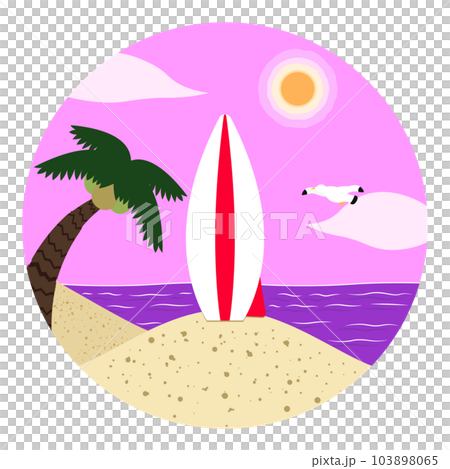 圓形背景插圖描繪了夏季日落時的海灘 103898065