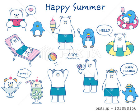 夏のビーチのシロクマとペンギンのかわいい線画ベクターイラストセット