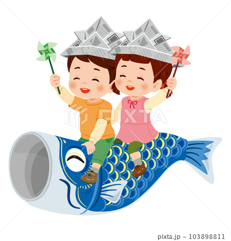 鯉のぼりに乗る笑顔の男の子と女の子2 103898811