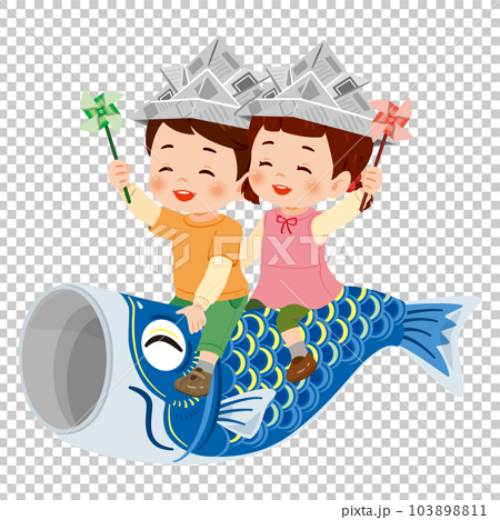 鯉のぼりに乗る笑顔の男の子と女の子2 103898811