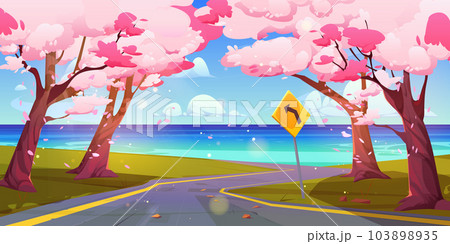 Sea landscape with road and sakura trees 103898935