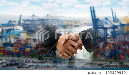 Container Cargo freight ship with working crane bridge 103899910