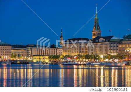 Hamburg Germany, night city skyline at Alster Lake 103900181