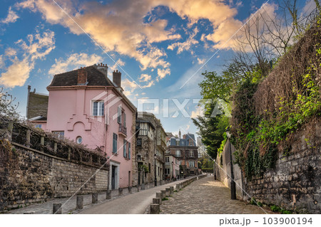 Paris France, sunrise city skyline at architecture building on Montmartre street Paris France, sunrise city skyline at architecture building on Montmartre street 103900194