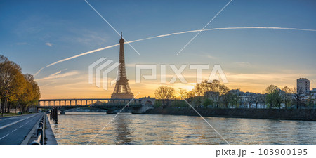 Paris France, panorama sunrise city skyline at Eiffel Tower and Seine River Bir-Hakeim Bridge Paris France, panorama sunrise city skyline at Eiffel Tower and Seine River Bir-Hakeim Bridge 103900195
