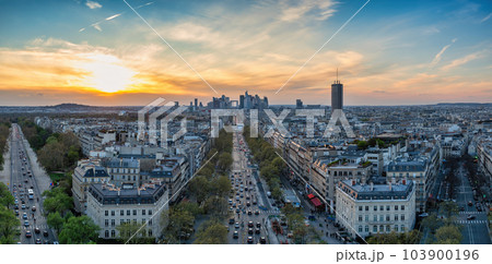 Paris France, high angle view sunset panorama city skyline at La Defense and Champs Elysees street 103900196
