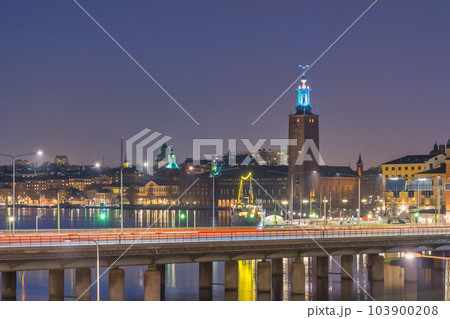 Stockholm Sweden, night city skyline at Stockholm City Hall and Gamla Stan Stockholm Sweden, night city skyline at Stockholm City Hall and Gamla Stan 103900208