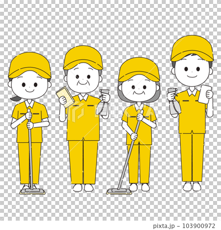Multi-generational staff with cleaning tools, simple colors Multi-generational staff with cleaning tools, simple colors 103900972