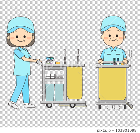 清掃用具カートと笑顔の清掃スタッフ 103901099