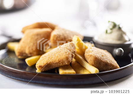 Fried breaded cheese with french fries and mayonnaise served on a restaurant plate 103901225