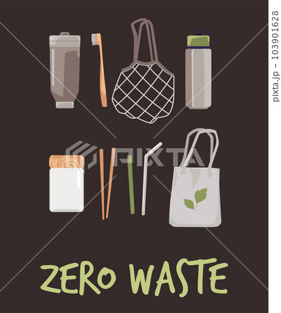 Hand drawn elements of zero waste life in vector. Reusable bottles, glass jar, toothbrush, straw, sticks, mesh and paper bag Hand drawn elements of zero waste life in vector. Reusable bottles, glass jar, toothbrush, straw, sticks, mesh and paper bag 103901628