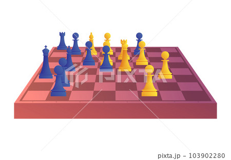Chessboard with blue and yellow chess figures Chessboard with blue and yellow chess figures 103902280