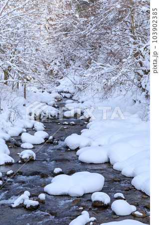 真冬の積雪した河川のイメージ 103902385