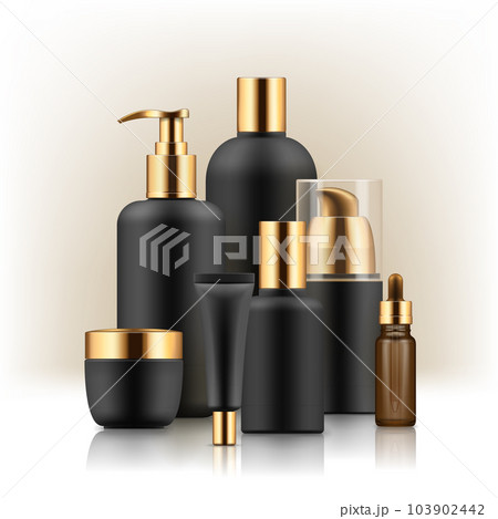 Realistic luxury premium brand set of cosmetic bottles, mockup, 3D Realistic luxury premium brand set of cosmetic bottles, mockup, 3D 103902442