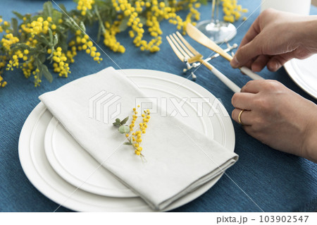 ミモザを使ったテーブルセッティング 103902547