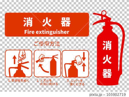 滅火器的使用方法 說明滅火器使用方法的招牌 海報 注意事項插圖 日語 滅火器的使用方法 說明滅火器使用方法的招牌 海報 注意事項插圖 日語 103902719