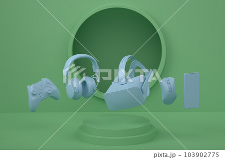 Set of video game joystick, VR glasses and headphones on monochrome podium Set of video game joystick, VR glasses and headphones on monochrome podium 103902775