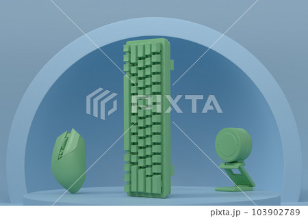 Set of mouse, keyboard and web camera on monochrome podium Set of mouse, keyboard and web camera on monochrome podium 103902789