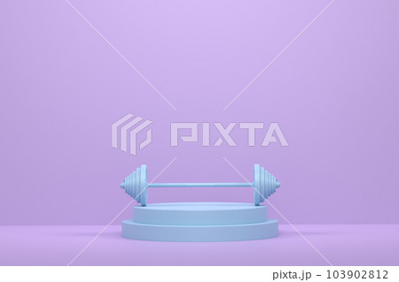 Barbell with metal disks on cylinder podium with steps on monochrome background 103902812