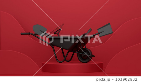 Garden wheelbarrow with garden tools on cylinder podium with step on monochrome 103902832