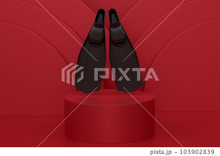 Diving flippers for snorkeling on cylinder podium with step on monochrome 103902839