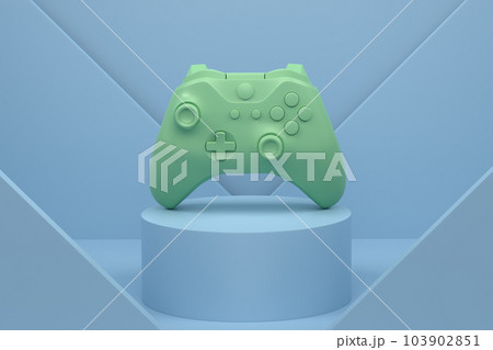 Video game joystick on cylinder podium with step on monochrome 103902851