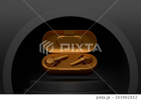 Realistic gaming headphones on cylinder podium with step on monochrome Realistic gaming headphones on cylinder podium with step on monochrome 103902852