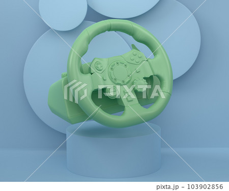 Realistic leather steering wheel on cylinder podium with step on monochrome 103902856