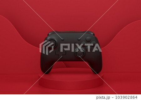 Video game joystick on cylinder podium with step on monochrome 103902864