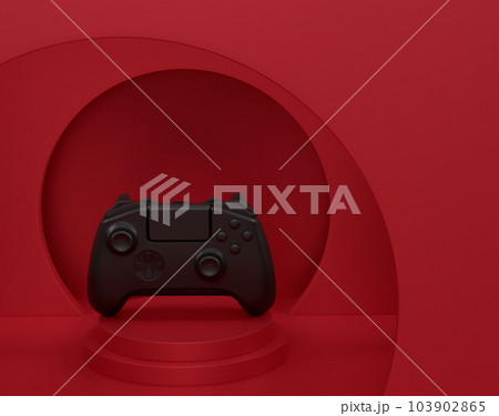 Video game joystick on cylinder podium with step on monochrome 103902865