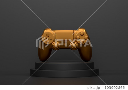 Video game joystick on cylinder podium with step on monochrome 103902866