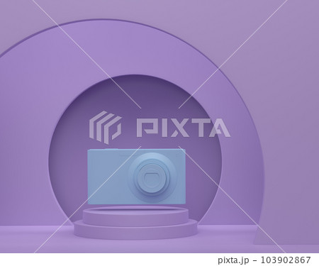 Compact pocket digital camera on cylinder podium with step on monochrome 103902867
