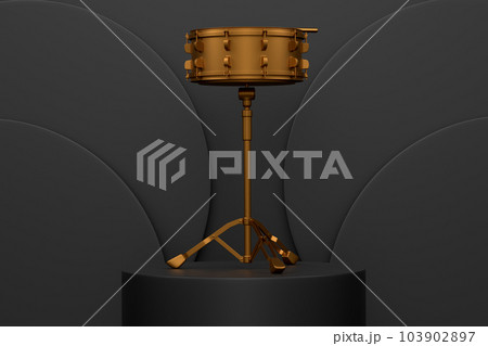 Drum and wooden drum sticks on cylinder podium with step on monochrome Drum and wooden drum sticks on cylinder podium with step on monochrome 103902897