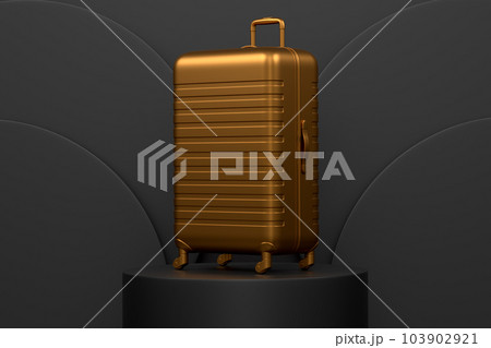 Polycarbonate suitcase on cylinder podium with step on monochrome 103902921