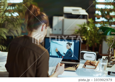 Seen from behind modern woman with documents having video chat Seen from behind modern woman with documents having video chat 103902979