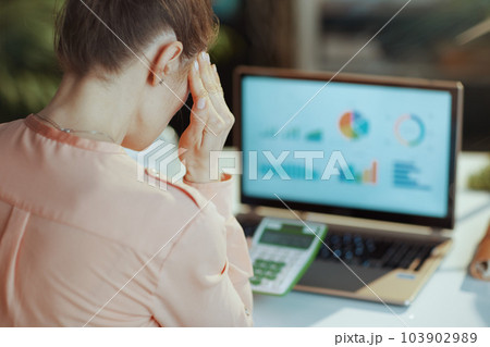 Seen from behind modern female with calculator exploring charts Seen from behind modern female with calculator exploring charts 103902989