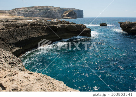 Blue hole and the collapsed Azure window. Gozo, Malta 103903341