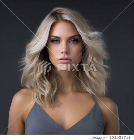 Blonde girl with professional make-up. A pretty white woman with long curly hair.  Blonde female with natural eye make-up.  Portrait of a beautiful blonde woman with long curly hair. 103903711