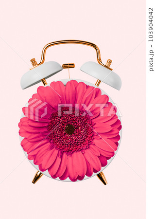 Spring time change concept with alarm clock and gerbera flower. Summer time change. Creative idea for spring time change. Spring time change concept with alarm clock and gerbera flower. Summer time change. Creative idea for spring time change. 103904042