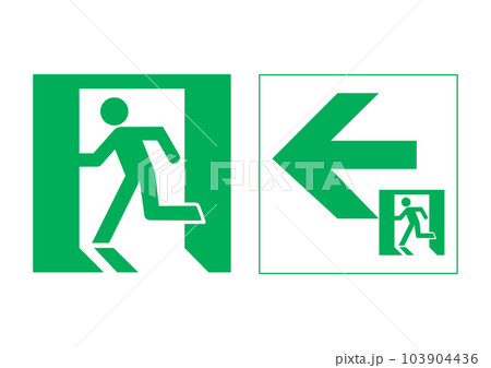 非常口マーク 人物が左向きの非常口アイコンと大きな矢印の非常口誘導灯のイラストセット バリエーション 非常口マーク 人物が左向きの非常口アイコンと大きな矢印の非常口誘導灯のイラストセット バリエーション 103904436
