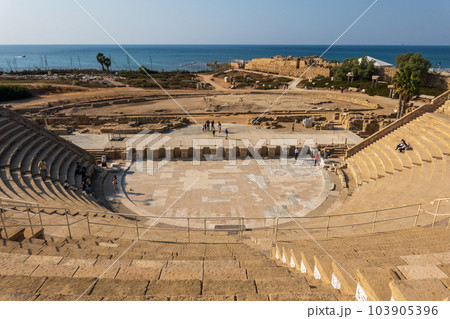 Ancient Caesarea amphitheater with stairs near sea Ancient Caesarea amphitheater with stairs near sea 103905396