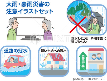 大雨による災害注意イラストセット 大雨による災害注意イラストセット 103905978